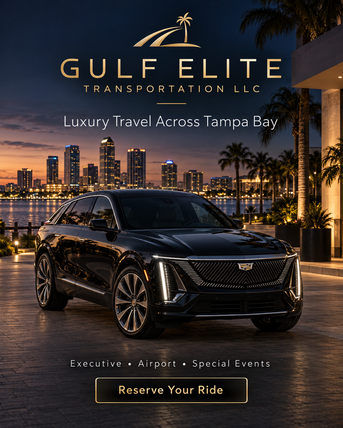 Black Cadillac LYRIQ with the Tampa Bay skyline at dusk
